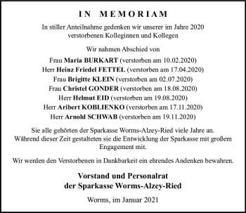 Traueranzeige von Im Gedenken Sparkasse Worms-Alzey-Ried von vrm-trauer