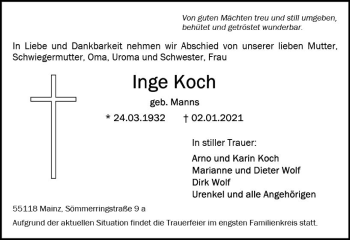 Traueranzeige von Inge Koch von vrm-trauer