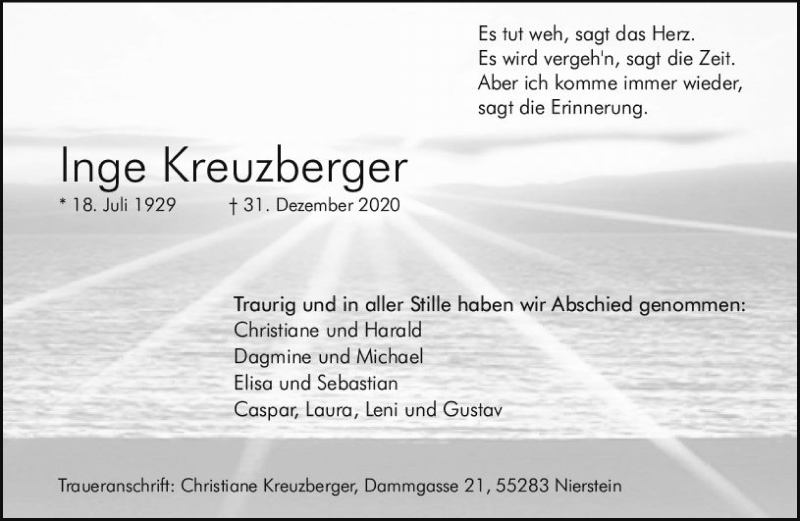  Traueranzeige für Inge Kreuzberger vom 23.01.2021 aus vrm-trauer