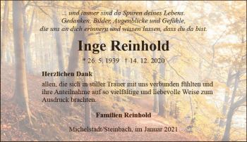 Traueranzeige von Inge Reinhold von vrm-trauer