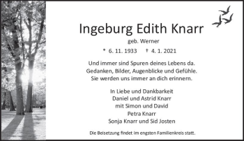 Traueranzeige von Ingeburg Edith Knarr von vrm-trauer