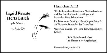 Traueranzeige von Ingrid Renate Herta Bitsch von vrm-trauer
