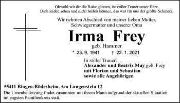 Traueranzeige von Irma Frey von vrm-trauer