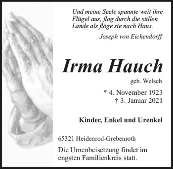 Traueranzeige von Irma Hauch von vrm-trauer