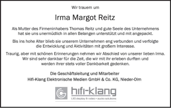 Traueranzeige von Irma Margot Reitz von vrm-trauer