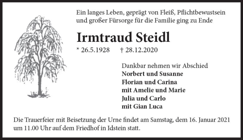  Traueranzeige für Irmtraud Steidl vom 09.01.2021 aus vrm-trauer