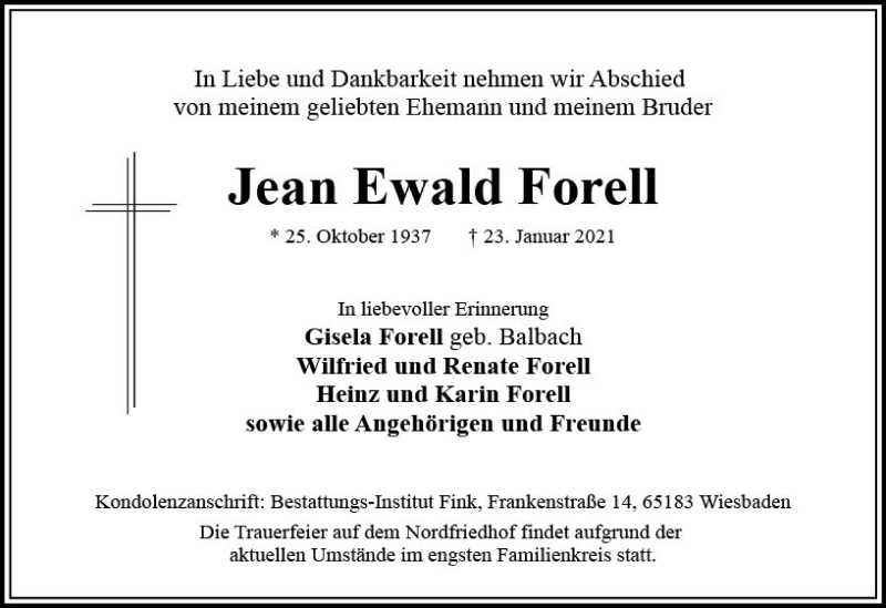  Traueranzeige für Jean Ewald Forell vom 30.01.2021 aus vrm-trauer