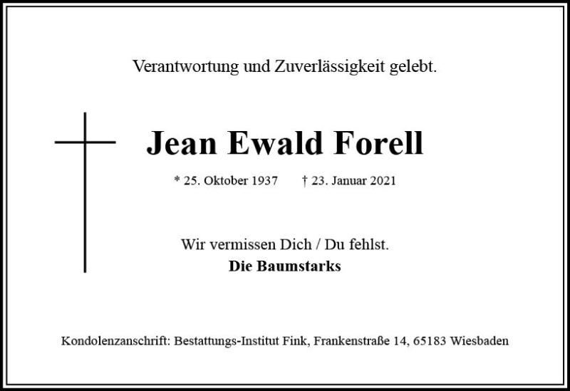  Traueranzeige für Jean Ewald Forell vom 30.01.2021 aus vrm-trauer
