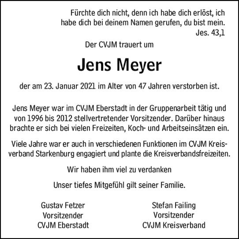  Traueranzeige für Jens Meyer vom 30.01.2021 aus vrm-trauer