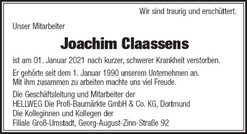  Traueranzeige für Joachim Claassens vom 14.01.2021 aus vrm-trauer