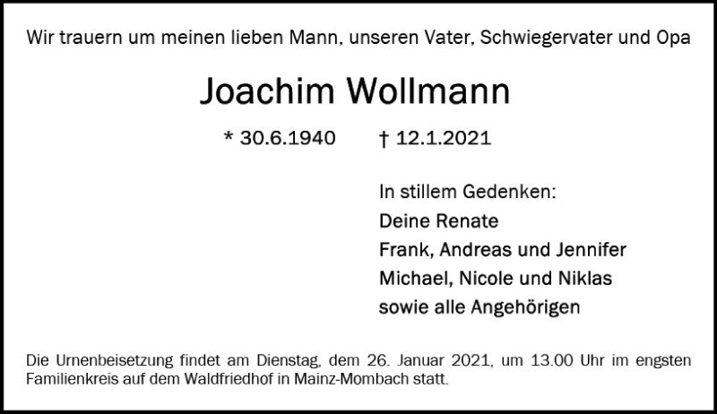  Traueranzeige für Joachim Wollmann vom 23.01.2021 aus vrm-trauer
