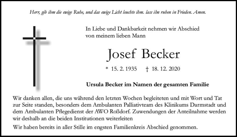  Traueranzeige für Josef Becker vom 02.01.2021 aus vrm-trauer