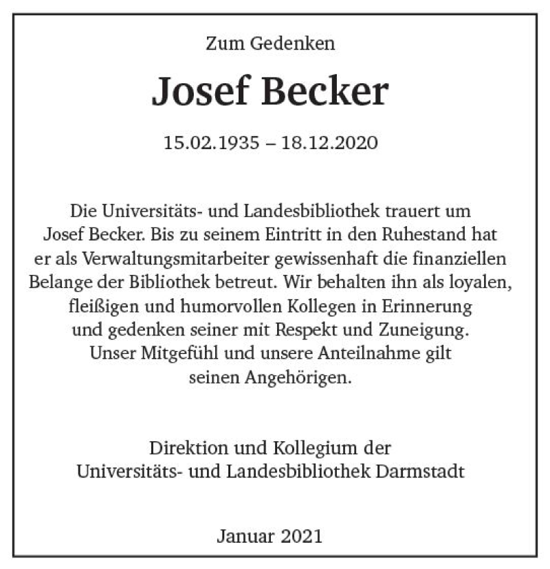  Traueranzeige für Josef Becker vom 11.01.2021 aus vrm-trauer