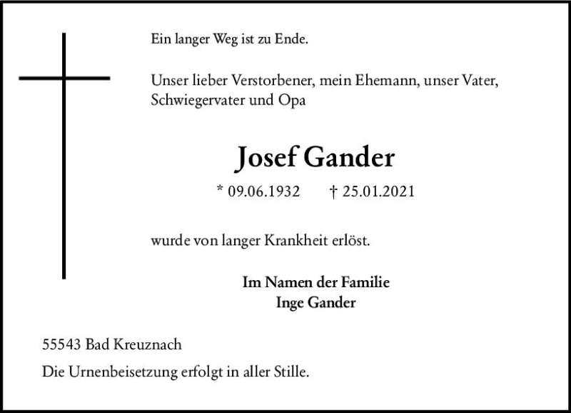  Traueranzeige für Josef Gander vom 30.01.2021 aus vrm-trauer