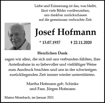 Traueranzeige von Josef Hofmann von vrm-trauer