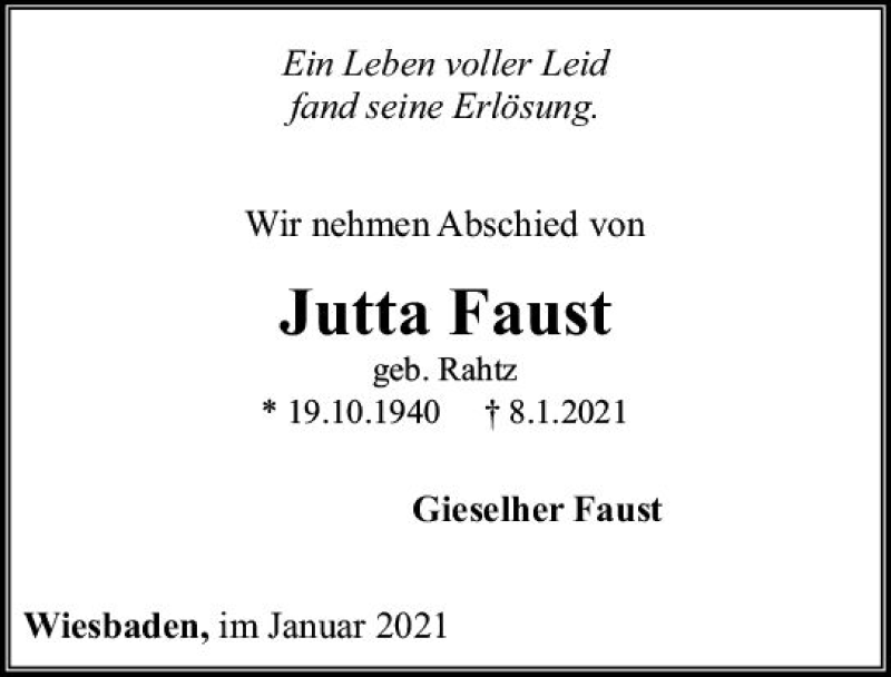  Traueranzeige für Jutta Faust vom 30.01.2021 aus vrm-trauer