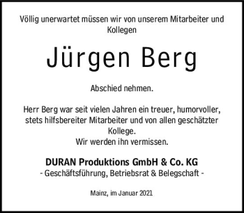 Traueranzeige von Jürgen Berg von vrm-trauer