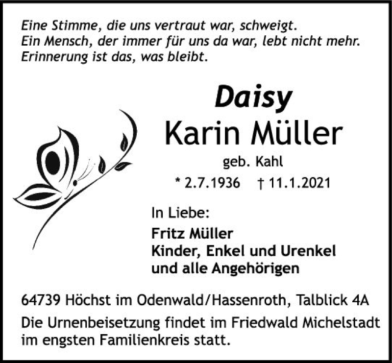  Traueranzeige für Karin Müller vom 16.01.2021 aus vrm-trauer