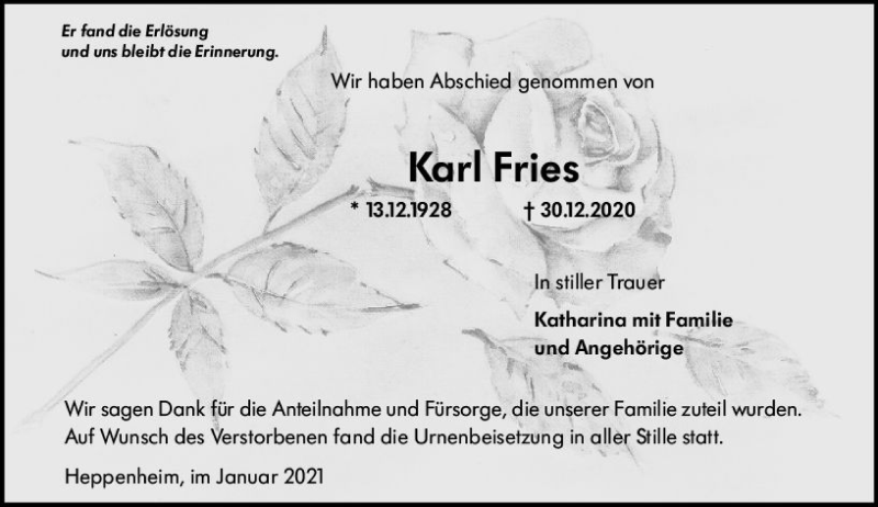  Traueranzeige für Karl Fries vom 16.01.2021 aus vrm-trauer