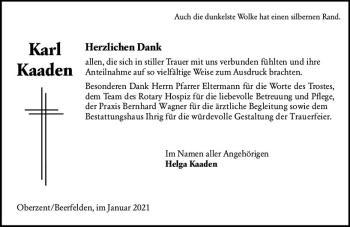 Traueranzeige von Karl Kaaden von vrm-trauer