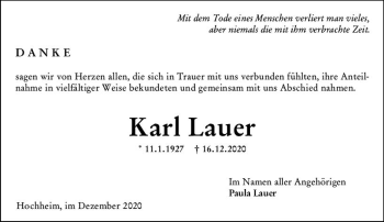 Traueranzeige von Karl Lauer von vrm-trauer