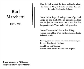 Traueranzeige von Karl Marchetti von vrm-trauer
