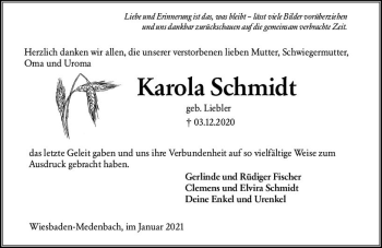 Traueranzeige von Karola Schmidt von vrm-trauer