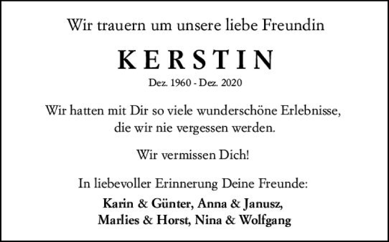  Traueranzeige für Kerstin  vom 16.01.2021 aus vrm-trauer