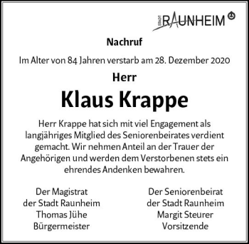 Traueranzeige von Klaus Krappe von vrm-trauer