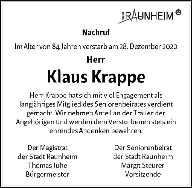  Traueranzeige für Klaus Krappe vom 08.01.2021 aus vrm-trauer