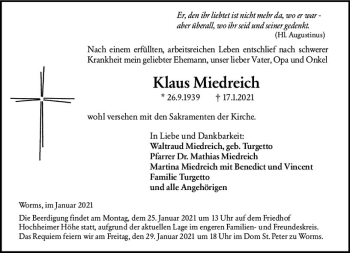 Traueranzeige von Klaus Miedreich von vrm-trauer