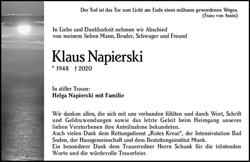  Traueranzeige für Klaus Napierski vom 08.01.2021 aus vrm-trauer