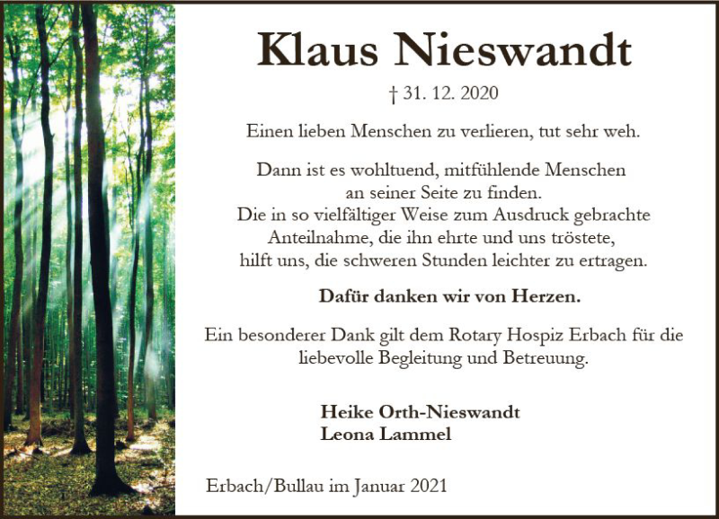  Traueranzeige für Klaus Nieswandt vom 30.01.2021 aus vrm-trauer