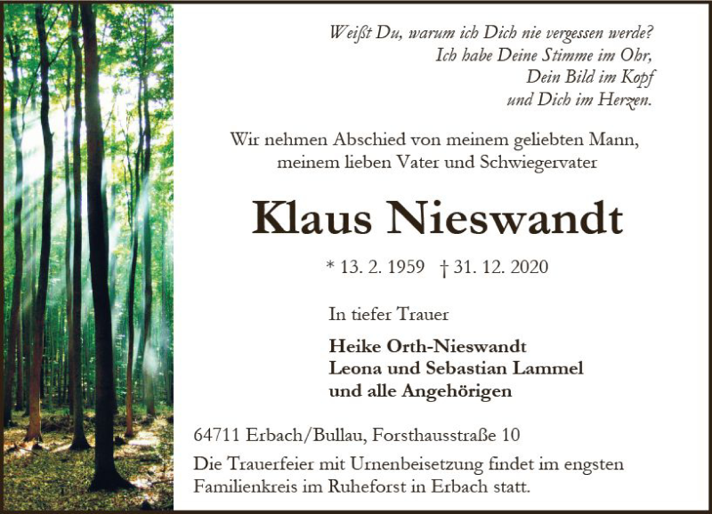  Traueranzeige für Klaus Nieswandt vom 09.01.2021 aus vrm-trauer