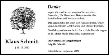 Traueranzeige von Klaus Schmitt von vrm-trauer