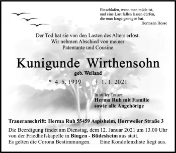 Traueranzeige von Kunigunde Wirthensohn von vrm-trauer