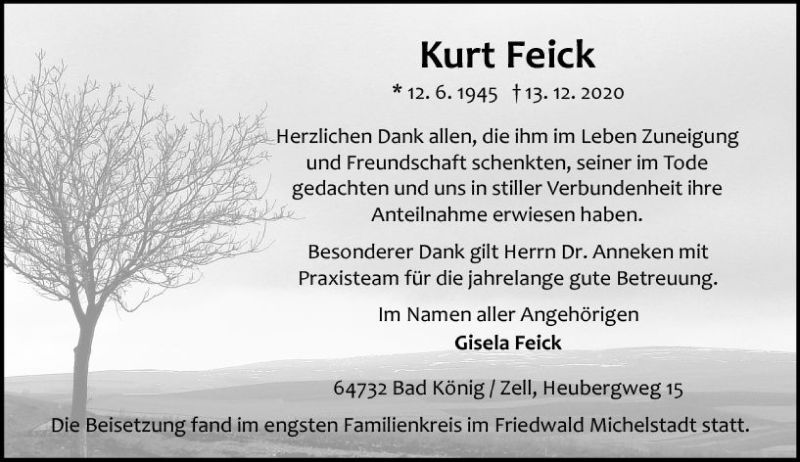  Traueranzeige für Kurt Feick vom 30.01.2021 aus vrm-trauer