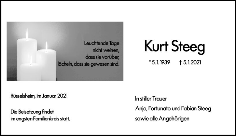  Traueranzeige für Kurt Steeg vom 09.01.2021 aus vrm-trauer