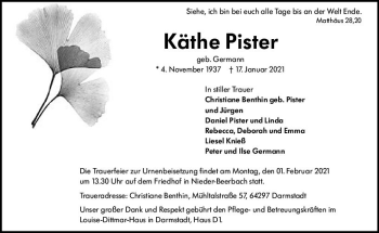 Traueranzeige von Käthe Pister von vrm-trauer