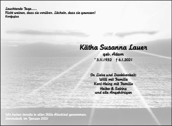 Traueranzeige von Käthe Susanna Lauer von vrm-trauer