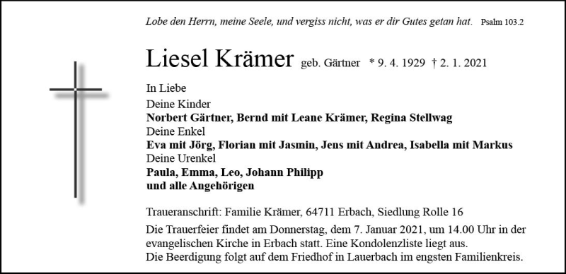  Traueranzeige für Liesel Krämer vom 06.01.2021 aus vrm-trauer