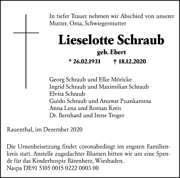 Traueranzeige von Lieselotte Schraub von vrm-trauer