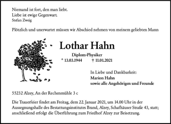 Traueranzeige von Lothar Hahn von vrm-trauer