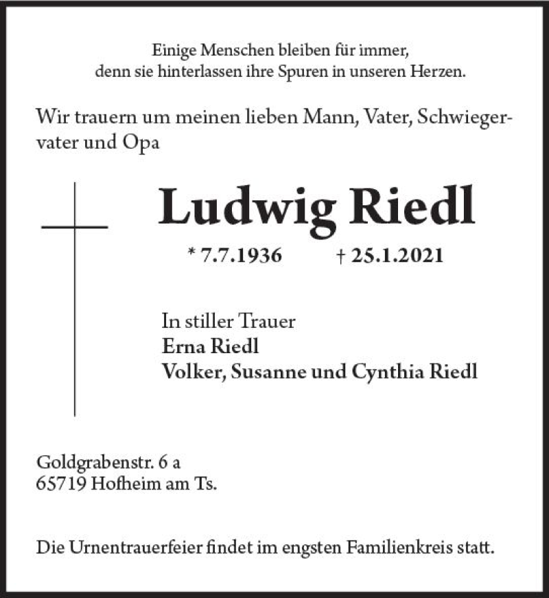  Traueranzeige für Ludwig Riedl vom 29.01.2021 aus vrm-trauer