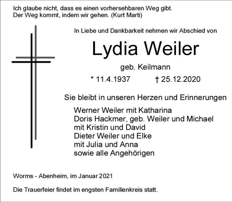  Traueranzeige für Lydia Weiler vom 02.01.2021 aus vrm-trauer