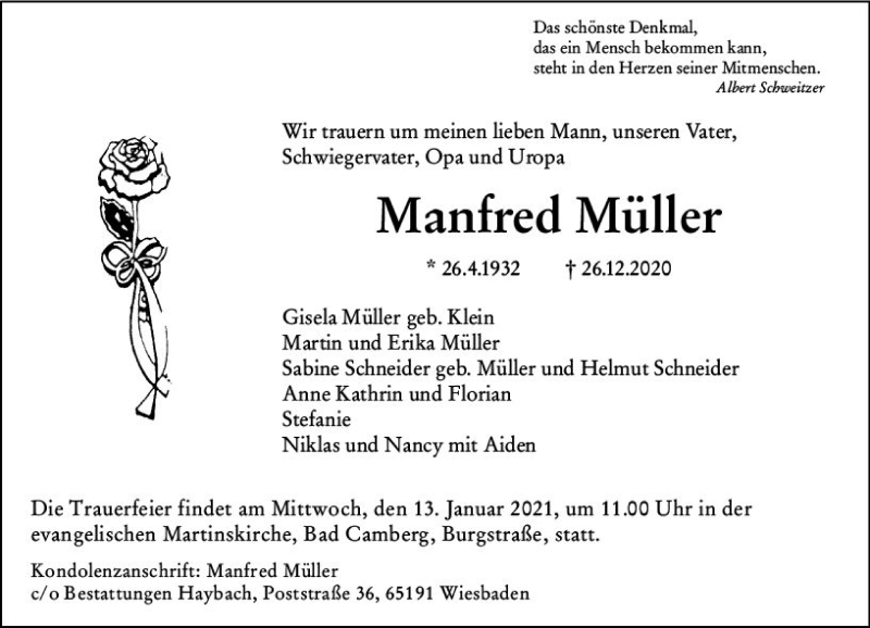  Traueranzeige für Manfred Müller vom 02.01.2021 aus vrm-trauer