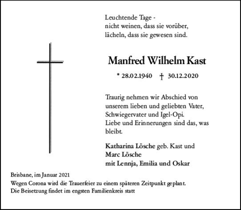  Traueranzeige für Manfred Wilhelm Kast vom 08.01.2021 aus vrm-trauer