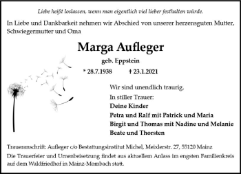 Traueranzeige von Marga Aufleger von vrm-trauer