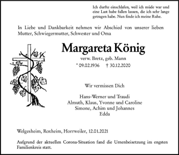 Traueranzeige von Margareta König von vrm-trauer