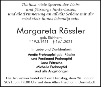Traueranzeige von Margareta Rössler von vrm-trauer